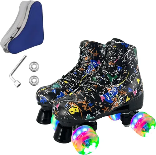 Patines de ruedas para hombres y mujeres, patines Derby negros con 4 ruedas brillantes, patines clásicos de doble fila para interiores y exteriores