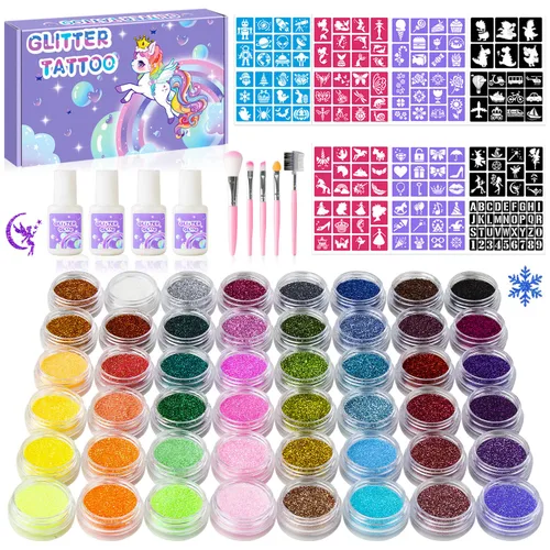 Kit de tatuajes temporales con purpurina para niños, 48 colores de purpurina, 178 plantillas, 4 pegamento, 5 pinceles, kit de purpurina para adultos