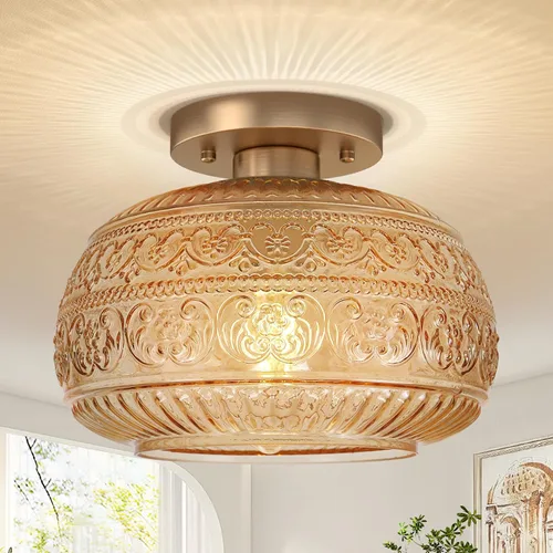 Miniatura 14 de Lámpara de Techo Semiempotrada, Luminaria Moderna Mejorada Cerca del Techo con Vidrio Transparente, Dorada, Iluminación Interior para Cocina