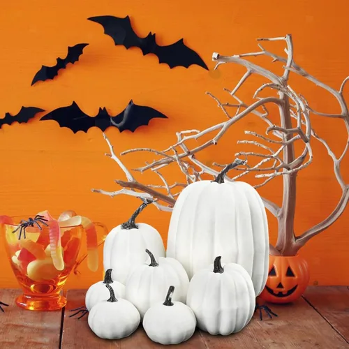 Miniatura 2 de Juego de 7 calabazas artificiales para decoración de otoño, juego de calabazas falsas, calabazas blancas de plástico para decoración, calabazas