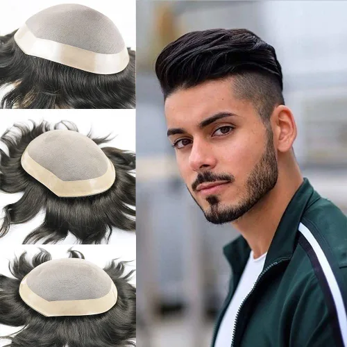 SIMBEAUTY Toupee duradero para hombres, sistema de cabello humano de repuesto fino monofilamento, monofilamento de piel de polietileno NPU alrededor