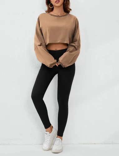 Miniatura 4 de SAFRISIOR Camiseta corta de manga larga de gran tamaño para mujer, cuello redondo, hombros caídos, camiseta corta casual para entrenamiento