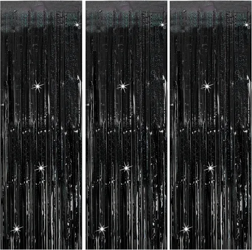 Paquete de 3 cortinas negras para fiestas, telón de fondo de oropel con flecos, decoraciones de fiesta de Halloween, decoraciones de fiesta de