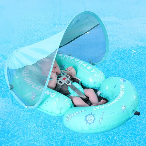 Mambobaby - Hamaca flotante de piscina para bebé con dosel, hamaca de agua portátil autoinflable, UPF50+ tumbona flotante de verano para bebé,