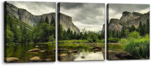 Miniatura 18 de Pacimo 3 Piezas Arte de Pared Verde Pintura Parque Nacional Yosemite Lago de Agua Clara Montañas Árboles Rocas Imágenes Impresiones en Lienzo