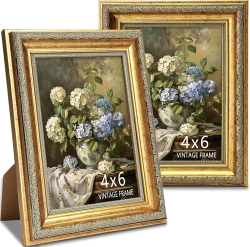 Portarretratos de 4 x 6 pulgadas, marcos de fotos dorados vintage ornamentados con vidrio HD para decoración de pared o mesa, marco dorado de 4 x 6