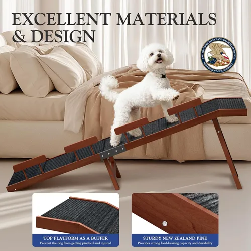 Miniatura 4 de Easyego Rampa plegable para perros para cama, rampa de madera para mascotas de 74 pulgadas con rieles laterales y alfombra de alta tracción, Nogal