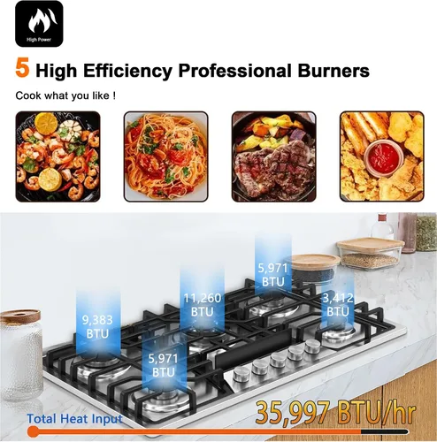 Miniatura 2 de Cocina de gas de 36 pulgadas con plancha, estufa de gas con 5, parrilla/plancha de hierro fundido reversible, convertible NG/GLP, con protección por