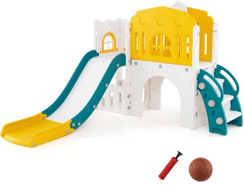 Miniatura 13 de Costzon Juego de tobogán infantil 8 en 1, tobogán independiente para niños con túnel, aro de baloncesto, juego de tobogán escalador para niños de 1