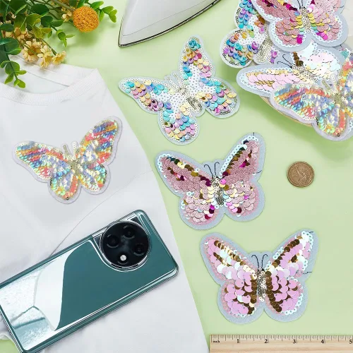 Miniatura 5 de FINGERINSPIRE 8 parches de bordado de mariposa de lentejuelas, 4 estilos, parches de apliques de mariposa para planchar o coser, parches de tela
