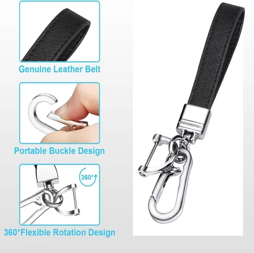 Miniatura 3 de QBUC Llavero universal de cuero genuino para automóvil, accesorios de metal resistente, llavero de automóvil con giro giratorio de 360 grados y Negro