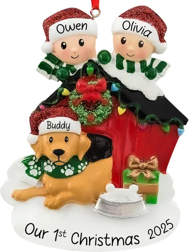 Miniatura 9 de Adorno de Navidad personalizado para familia de 6 con perro 2026 Padres, niños y cachorros con caseta para perros, decoración personalizada