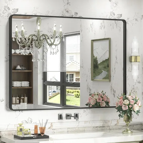 Miniatura 146 de Paquete de 2 espejos de baño con marco de metal negro de 22 x 30 pulgadas, espejo rectangular redondeado negro mate, antioxidante, se cuelga