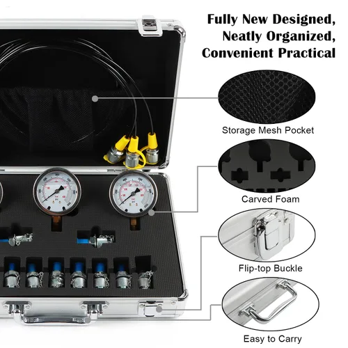 Miniatura 6 de Kit de prueba de presión hidráulica 25/40/60Mpa, 3 calibres 11 acoplamientos 3 mangueras de prueba, kit de manómetro hidráulico para excavadoras