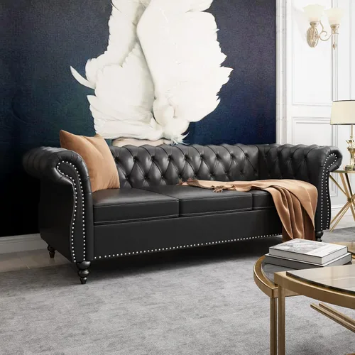 Miniatura 6 de ONCIN Chesterfield - Sofá de cuero para sala de estar, sofá de 3 plazas, sofá copetudo, piel sintética con brazos enrollados y cabeza de clavo