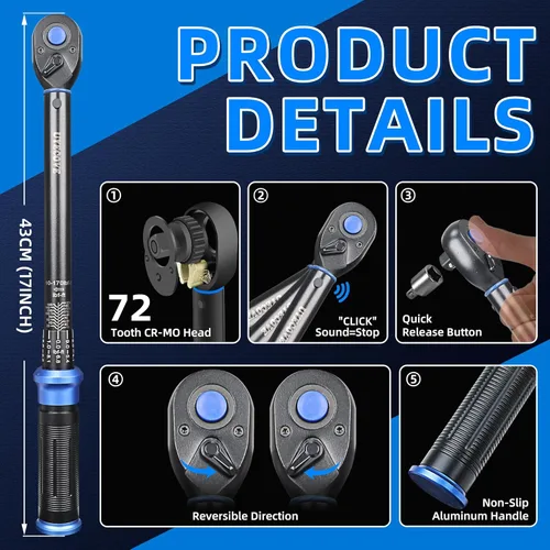 Miniatura 4 de Llave dinamométrica de 1/2 pulgada con clic de doble dirección, llave dinamométrica profesional de clic de doble dirección 10-170
