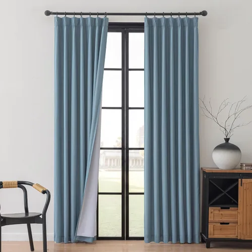 Miniatura 21 de MYSKY HOME Dusty Blue Full Black Out Pinch Pleated Curtains 63 inches Long for Bedroom Linen Textured with Blackout Liners Blue Gray Thermal