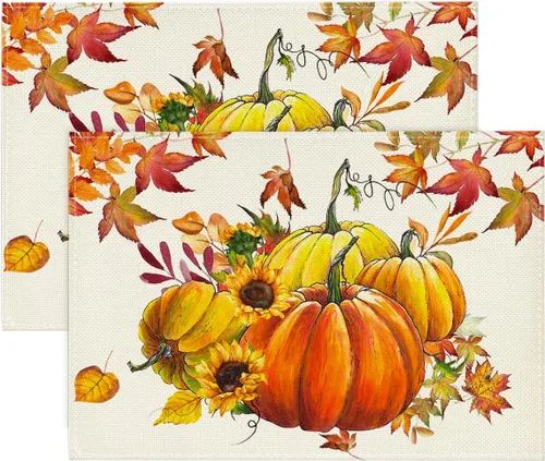 Artoid Mode Juego de 2 manteles individuales de otoño con diseño de calabazas, hojas de arce, girasol, 12 x 18 pulgadas, manteles individuales de