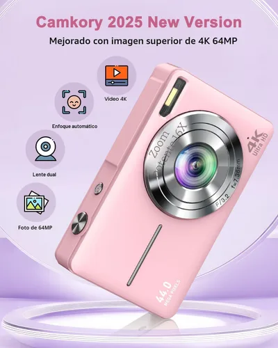Miniatura 2 de Cámara digital, cámaras 4K 64MP para fotografía, pequeña cámara digital compacta de apuntar y disparar con enfoque automático, cámara dual, flash
