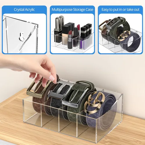 Miniatura 3 de Organizador de cinturón, soporte de almacenamiento de cinturón acrílico para el armario y el cajón, 4 compartimentos para cinturón, vitrina