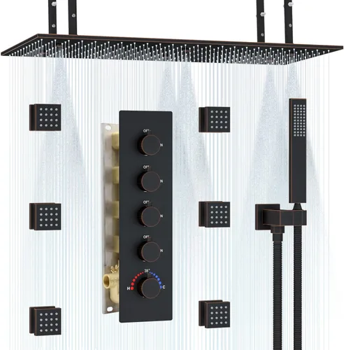 Miniatura 11 de Sistema de ducha de techo de niebla dorada cepillada con cabezal de ducha grande de doble función de 15.7 x 31.5 pulgadas, válvula de ducha Oro