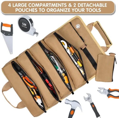 Miniatura 3 de Bolsa de herramientas enrollable, organizador de herramientas portátil resistente con 2 bolsas desmontables y 4 compartimentos, rollo de Caqui