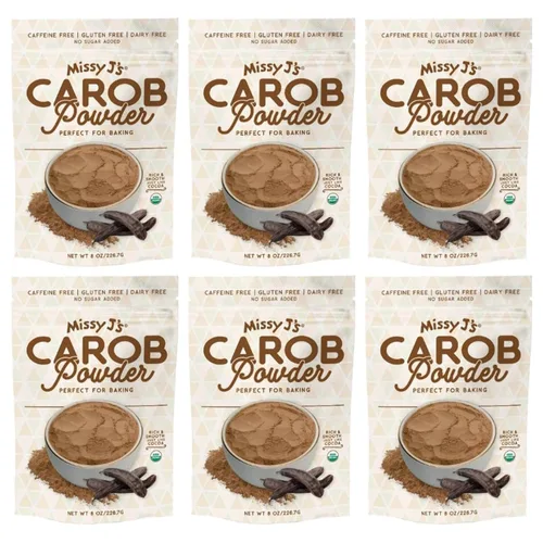 Missy J's Polvo de algarrobo tostado orgánico de 8 onzas, paquete de 6 | Hecho de algarroba, vegano y sin gluten | Sustituto saludable sin cafeína