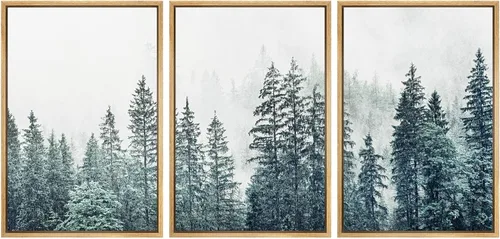 Miniatura 8 de SIGNWIN - 3 cuadros en lienzo enmarcados, modernos, elegantes, de textura de grano, pinos de montaña con niebla y naturaleza silvestre para sala
