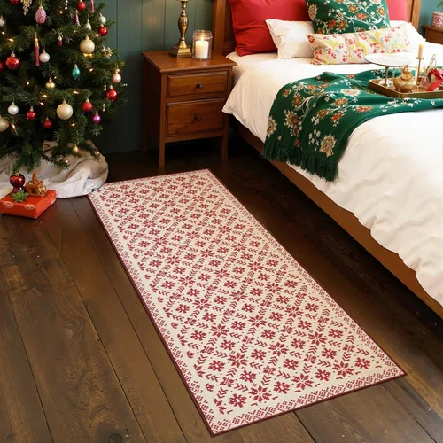 Miniatura 7 de jinchan – Alfombra de camino navideña 2x5 para cocina, pasillo y baño; roja con copos de nieve, decoración navideña, lavable, antideslizante