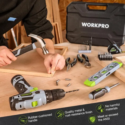 Miniatura 7 de WORKPRO Juego de herramientas rosa con taladro eléctrico, kit de taladro rosa portátil de 108 piezas para damas para el hogar con caja