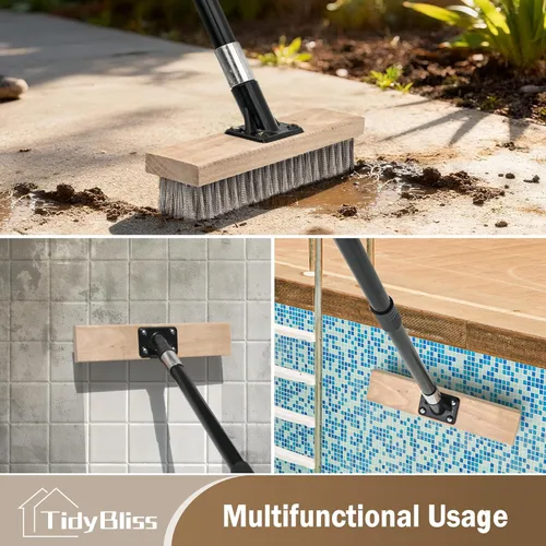 Miniatura 6 de TidyBliss Cepillo de alambre de acero inoxidable con mango largo, escoba rígida de metal resistente, removedor de musgo para exteriores para piso