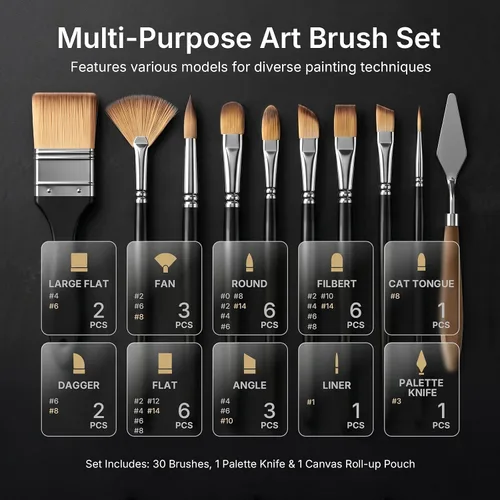 Miniatura 3 de Nicpro Juego de 30 pinceles de pintura, pinceles profesionales con espátula de pintura y rollo de tela, pinceles de pintura para acrílico, óleo