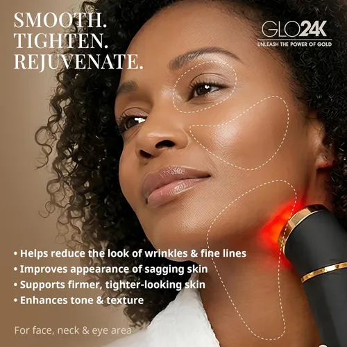 Miniatura 5 de GLO24K - Dispositivo de belleza de luz roja para cara y cuello, masajeador facial y cuello 3 en 1 con triple LED y tecnología de vibración avanzada