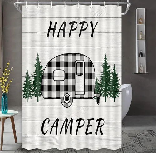 Miniatura 7 de MERCHR Happy Camper - Cortina de ducha para caravana, remolque a cuadros de búfalo con árboles en casa de campo, tela de madera gris rústica