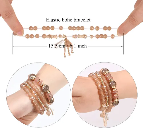 Miniatura 3 de Twinfree Pulseras bohemias para mujer, pulsera elástica de cuentas de colores multicapa con dije de joyería