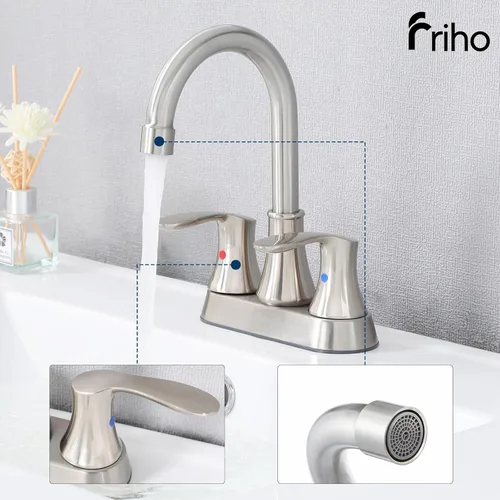 Miniatura 3 de Friho Juego de 2 grifos de baño de níquel cepillado, juego central sin plomo, moderno, comercial, de 2 manijas, para lavabo de baño, juego de 2, 3