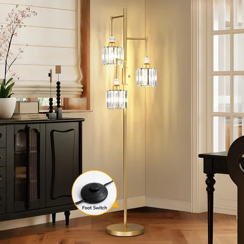 Miniatura 7 de Lámpara de pie de árbol negro con 3 pantallas de jaula de cristal y bombillas regulables, lámpara de pie vintage de 70 pulgadas para sala de estar