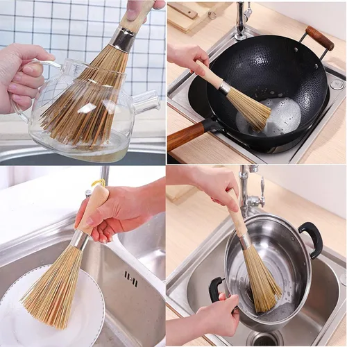 Miniatura 6 de Paquete de 2 cepillos tradicionales de bambú para wok, limpiador natural para sartén de hierro fundido, cepillo de limpieza de cocina antiarañazos