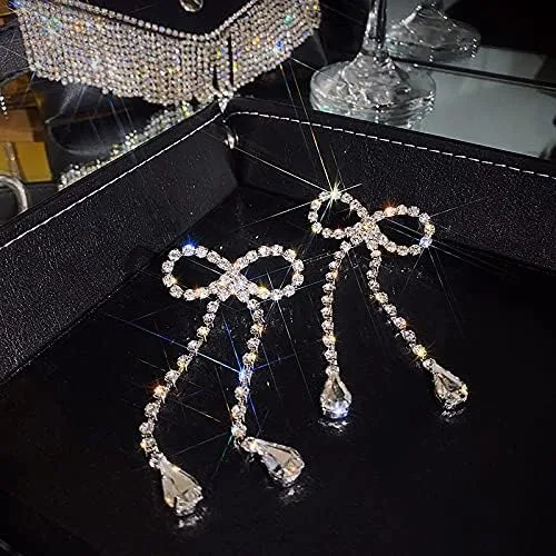 Miniatura 4 de Pendientes de plata 925 con lazo de cristal, aretes de diamantes de imitación hipoalergénicos para orejas sensibles