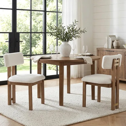Miniatura 16 de HNY Juego de 4 sillas de comedor modernas de lino, tapizadas de tela beige, con marco de madera natural y respaldo curvado, sillas de madera sin