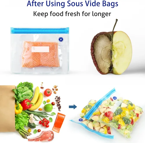 Miniatura 7 de Sous Vide - Bolsas de 31 unidades (24 bolsas con cremallera al vacío y 2 clips de sellado y 5 válvulas de aire), bolsas reutilizables sin BPA