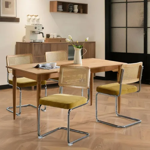 Miniatura 9 de Juego de 4 sillas de comedor de terciopelo tejidas a mano con respaldo de ratán y base cromada, silla de cocina de mediados de siglo, para comedor