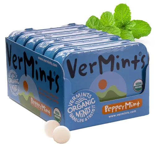 Mentas orgánicas de VerMints, sabor a menta, todo natural, sin OMG, sin nueces, sin gluten, vegano, KSA Kosher, paquete de 6, latas de 1.41 onzas