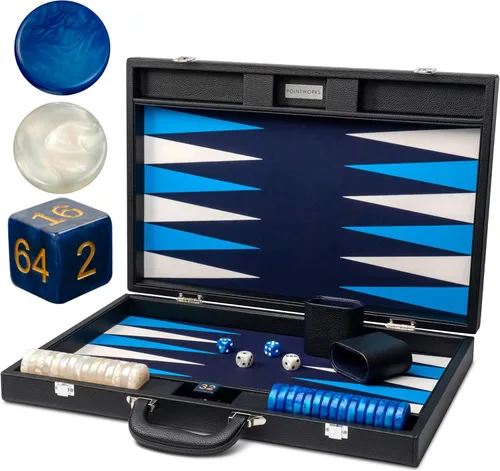 Pointworks Juego de Backgammon Premium de 19 Pulgadas para Adultos de Cuero Negro - Azul. Juego de Fichas y Dados Premium de 1.6 Pulgadas, Juego de
