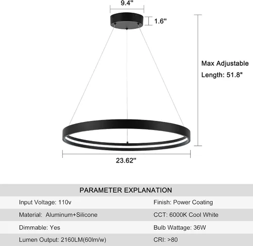 Miniatura 4 de Lámparas de araña LED modernas en negro, lámparas de araña LED contemporáneas regulables de 1 anillo, lámpara colgante LED moderna para sala
