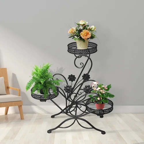 Miniatura 2 de Soporte para plantas de 3 niveles, estantes de metal para flores, soporte de exhibición de plantas para interiores y exteriores, soporte para macetas