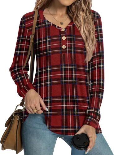 Miniatura 2 de HOTGIFT Blusa tipo túnica de manga larga con cuello en V y botones para mujer 2026