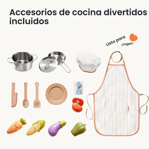 Miniatura 9 de Tiny Land Juego de cocina para niños, juego de cocina de granja de madera, juego de chef para niños pequeños con luces y sonidos reales, juguetes