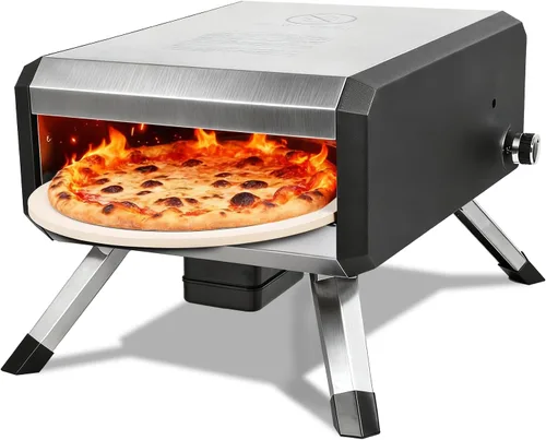 Horno de pizza, con piedra y patas para pizza de 14 pulgadas, función de rotación automática, horno de pizza a gas al aire libre, material de acero