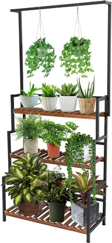 ULIKE Soporte para plantas colgantes para múltiples plantas, soporte de madera de 3 niveles de altura con marco de metal para patio, jardín, balcón